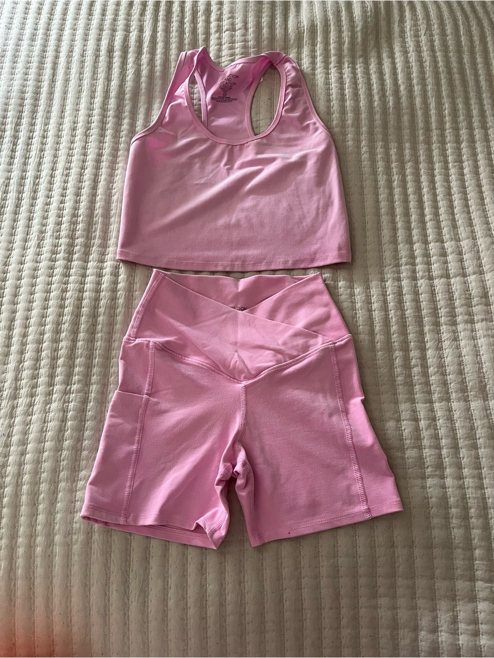 Pink Racerback Active Crop and Crisscross Waist Bike Shorts Set